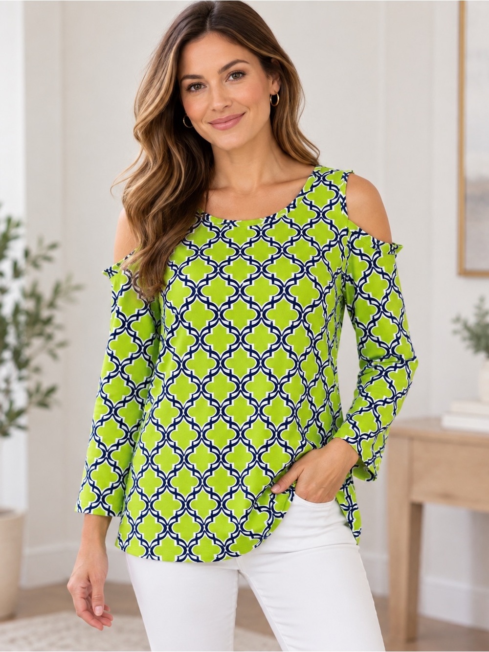 Susan Graver Lime Green & Navy Cold-Shoulder Geometric Tunic Top